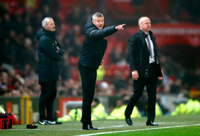 Ole Gunnar Solskjaer (centre) gestures on the touchline during the defeat to Burnley 