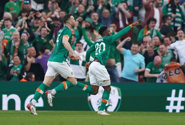 Chiedozie Ogbene (right) celebrates his third Ireland goal in six appearances after scoring against Belgium