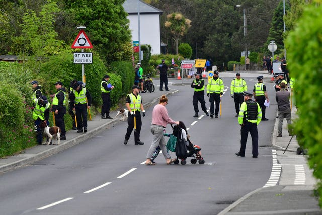 Police activity on the route of the US motorcade in Carbis Bay