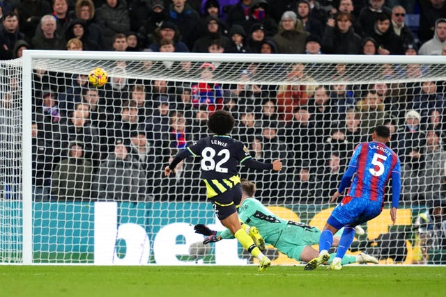 Lewis scores Manchester City's second goal of the game during the Premier League match at Selhurst Park, London.