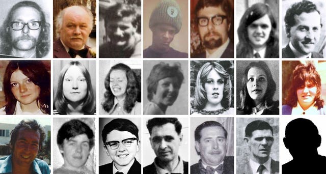 Birmingham Pub bombing victims (top row, left to right) Michael Beasley, 30, Stan Bodman, 47, James Craig, 34, Paul Davies, 17, Trevor Thrupp, 33, Desmond Reilly, 20 and James Caddick, 40, (second row, left to right) Maxine Hambleton, 18, Jane Davis, 17, Maureen Roberts, 20, Lynn Bennett, 18, Anne Hayes, 18, Marilyn Nash, 22 and Pamela Palmer, 19, (bottom row, left to right) Thomas Chaytor, 28, Eugene Reilly, 23, Stephen Whalley, 21, John Rowlands, 46, John ‘Cliff’ Jones, 51, Charles Gray, 44, and Neil Marsh, 16 (no picture available). West Midlands Police said 65-year-old man has been arrested in connection with the murders of 21 people in the 1974 pub bombings in Birmingham (Birmingham Inquests/PA)