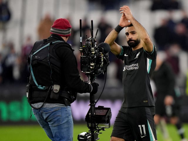 Mohamed Salah applauds the fans after the final whistle