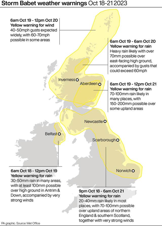 Storm Babet weather warnings Oct 18 – 21 2023 