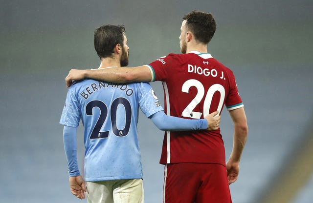 Portugal internationals Bernardo Silva and Diogo Jota set aside the increasing rivalry between Manchester City and Liverpool to embrace following November's 1-1 draw at the Etihad Stadium. As football prepares to turn its back on an unprecedented year, the Merseyside club are seeking to win successive top-flight titles for the first time since 1984 after breaking CIty's stranglehold on the Premier League title during a testing 2020 for clubs across the world