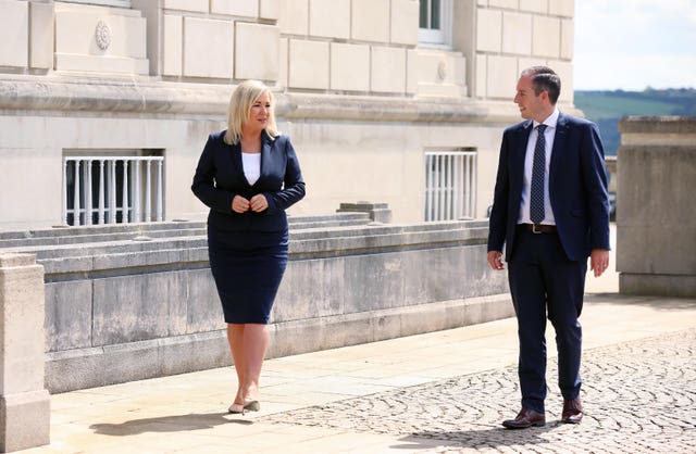 Paul Givan and Michelle O'Neill outside Parliament Buildings after they were nominated First Minister and deputy First Minister respectively 