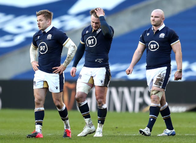 Scotland’s Stuart Hogg (centre) looks dejected after his side slumped to their second straight home defeat