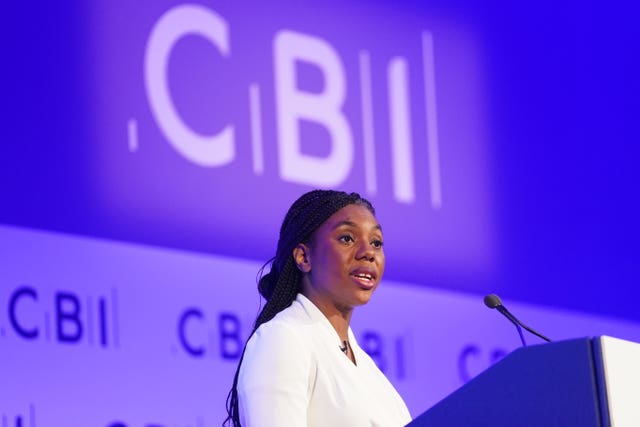 Kemi Badenoch speaking to the audience at the CBI conference