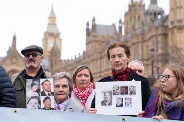 Members of the victims group South East Fermanagh Foundation (SEFF) demonstrate outside the Houses Of Parliament in Westminster
