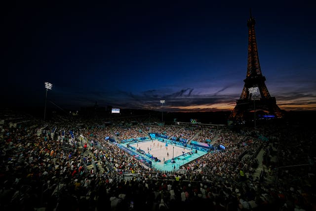 The beach volleyball stadium in front of the Eiffel Tower in Paris