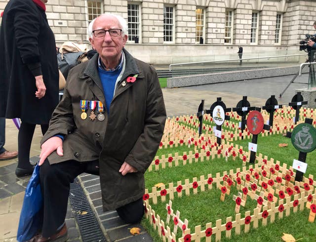 Harold Gordon from Saintfield, Co Down, wearing the medals of his uncle who died in the First World War