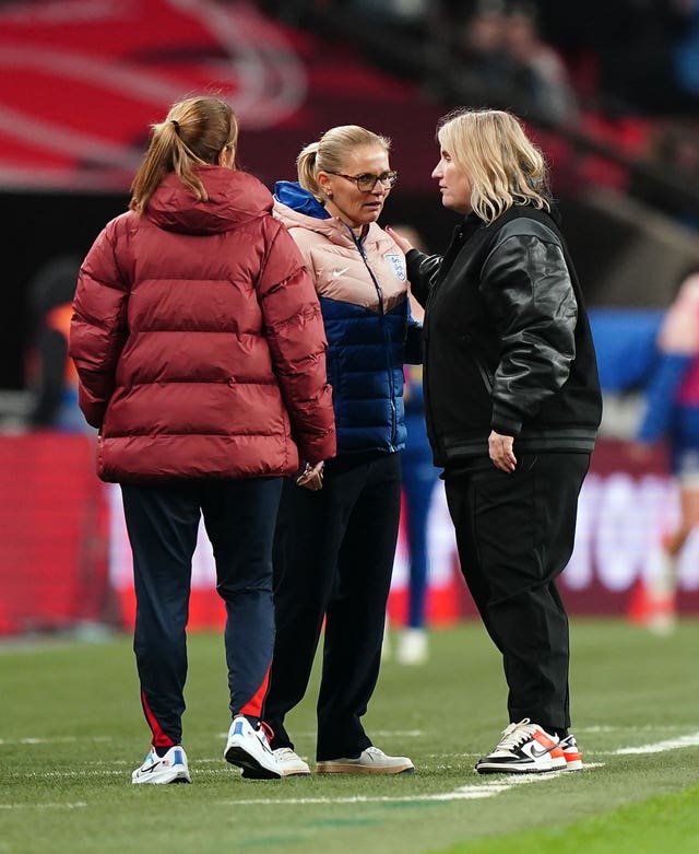 England head coach Sarina Wiegman and United States counterpart Emma Hayes (right) during the 0-0 friendly draw at Wembley