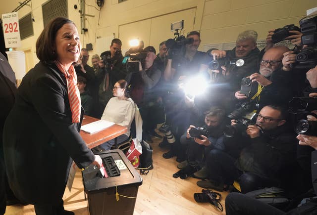 Sinn Fein leader Mary Lou McDonald casts her vote at Deaf Village Ireland on the Navan Road in Dublin