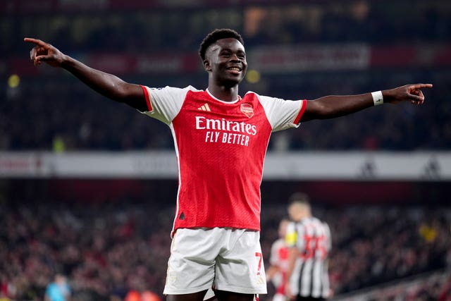 Arsenal’s Bukayo Saka celebrates scoring their side’s third goal of the game in the recent 4-1 win over Newcastle