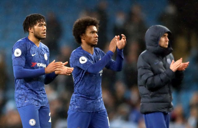 Chelsea’s Reece James (left) and Willian applaud fans at the end of the game