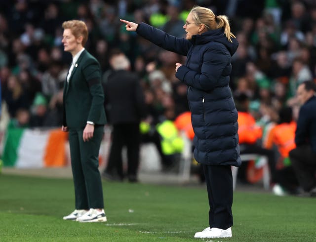 Sarina Wiegman, right, shouts instructions to her England team during the win over the Republic of Ireland