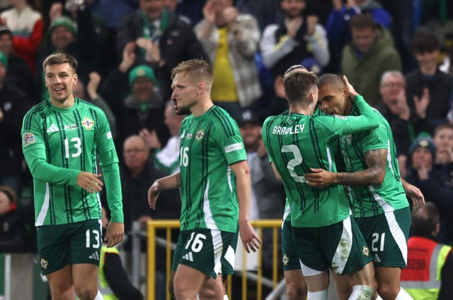 Northern Ireland’s Josh Magennis celebrates scoring the fifth goal against Bulgaria