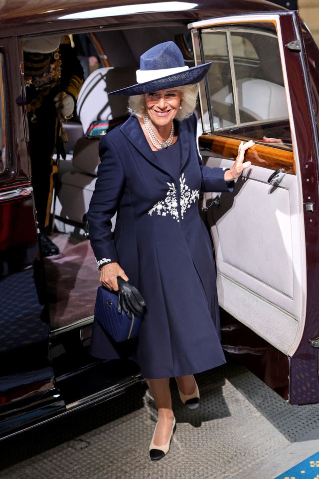 The Duchess of Cornwall arrives at the Sovereign’s Entrance to the Palace of Westminster ahead of the State Opening of Parliament in the House of Lords, London