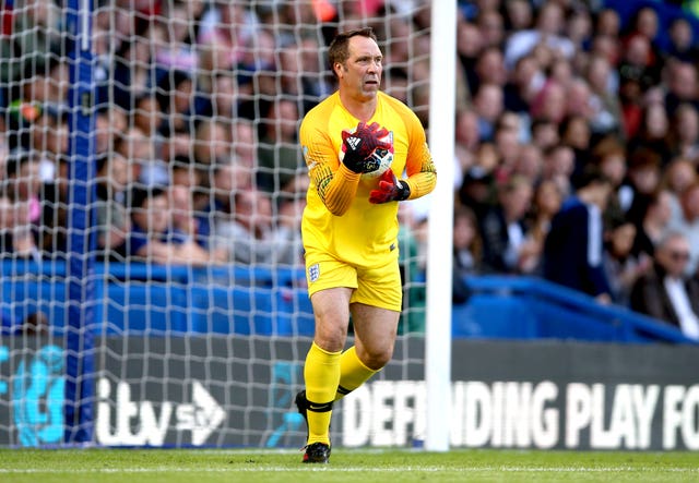 England’s Goalkeeper David Seaman in action during the Soccer Aid match at Stamford Bridge, London