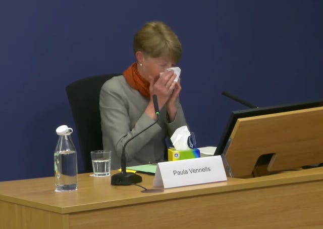 Screen grab taken from the Post Office Horizon IT Inquiry of former Post Office boss Paula Vennells becoming tearful for a second time whilst giving evidence. 