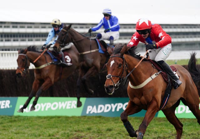 Editeur Du Gite (right) ridden by Niall Houlihan clears a fence before going on to win the Albert Bartlett Clarence House Chase during Festival Trials Day at Cheltenham Racecourse 