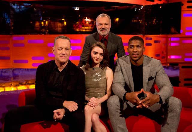 Tom Hanks, Maisie Williams, host Graham Norton and Anthony Joshua on The Graham Norton Show (Isabel Infantes/PA)