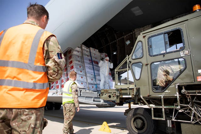 Medical supplies and personal protective equipment (PPE) sent from Turkey, being unloaded at RAF Brize Norton (SAC Connor Tierney/MoD/PA)