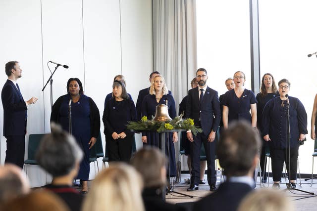 Lewisham and Greenwich NHS Choir perform during a live broadcast memorial event hosted by NHS Charities Together at the National Memorial Arboretum in Staffordshire to mark the third anniversary of the World Health Organisation declaring a global Covid-19 pandemic 