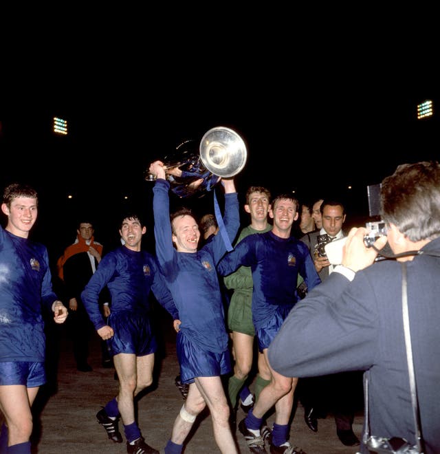 Manchester United’s Stiles celebrates with the European Cup in 1968 following his side's 4-1 win over Benfica