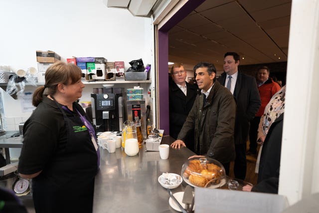 Prime Minister Rishi Sunak meets with staff and local party members at the Firthmoor Community Center during a visit to Darlington, County Durham.