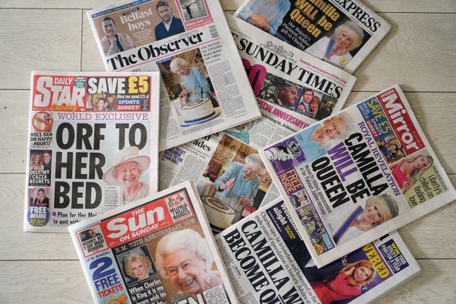 Front pages of the Sunday national papers featuring the announcement by the Queen