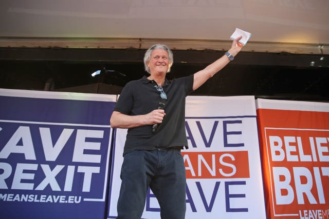 JD Wetherspoon chairman Tim Martin on stage in Parliament Square