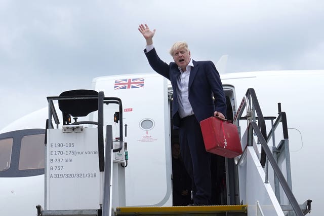 Prime Minister Boris Johnson at Munich Airport after leaving the G7 summit in Schloss Elmau, in the Bavarian Alps, Germany