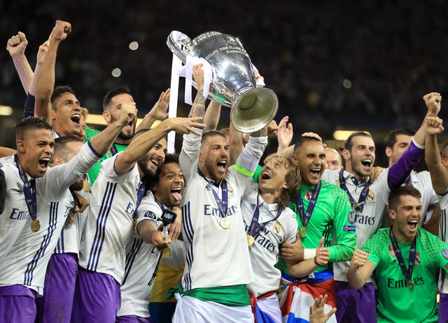Sergio Ramos (centre) lifted the Champions League trophy last year in Cardiff (Mike Egerton/Empics)