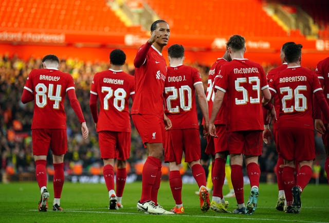 Liverpool’s Virgil van Dijk celebrates scoring 
