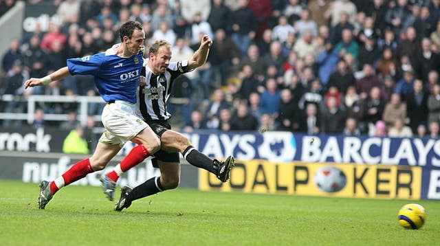 Alan Shearer scores his 201st goal for Newcastle against Portsmouth
