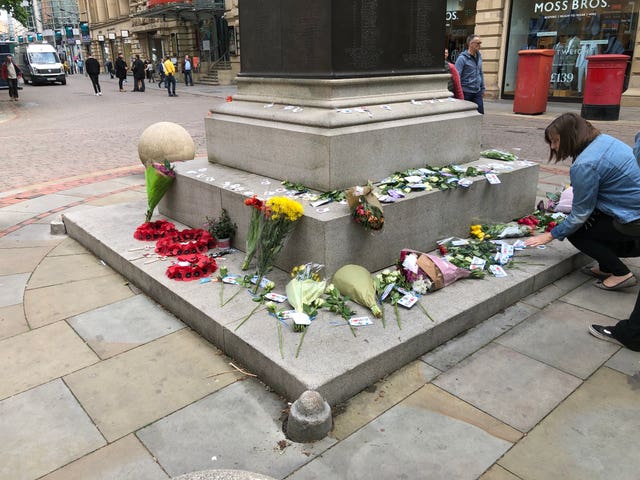 Floral tributes left in St Ann’s Square in Manchester city centre to remember the second anniversary of the Manchester Arena terror attack 