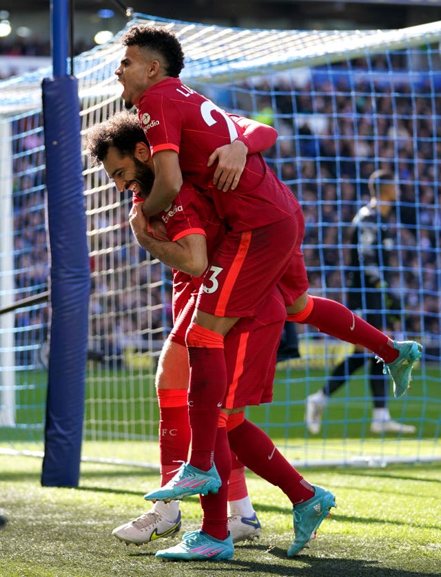 Liverpool’s Mohamed Salah celebrates with Luis Diaz