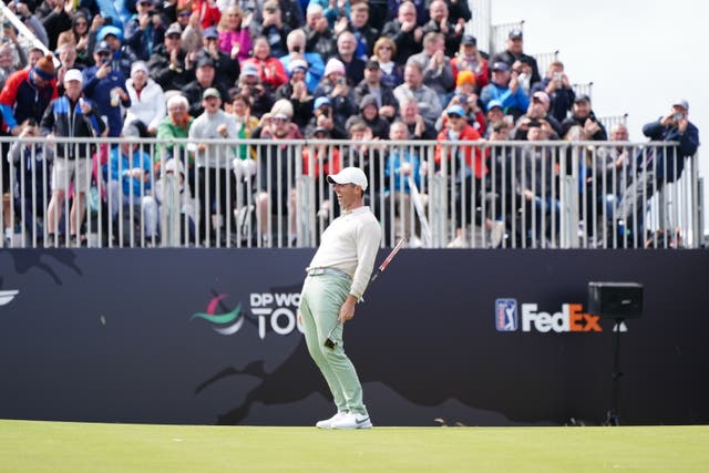 Rory McIlroy celebrates the winning putt on day four of the Genesis Scottish Open at The Renaissance Club