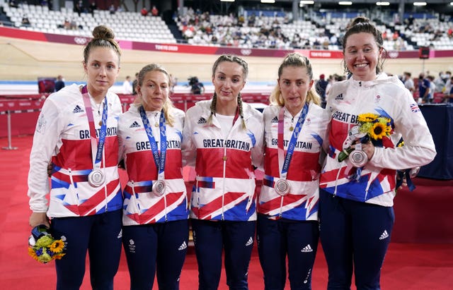 Katie Archibald, Laura Kenny, Neah Evans, Josie Knight and Elinor Barker show off their silver medals