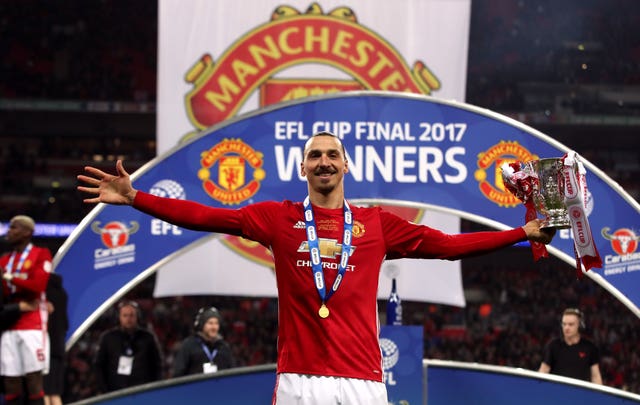 Manchester United's Zlatan Ibrahimovic with the EFL Cup trophy. (PA)