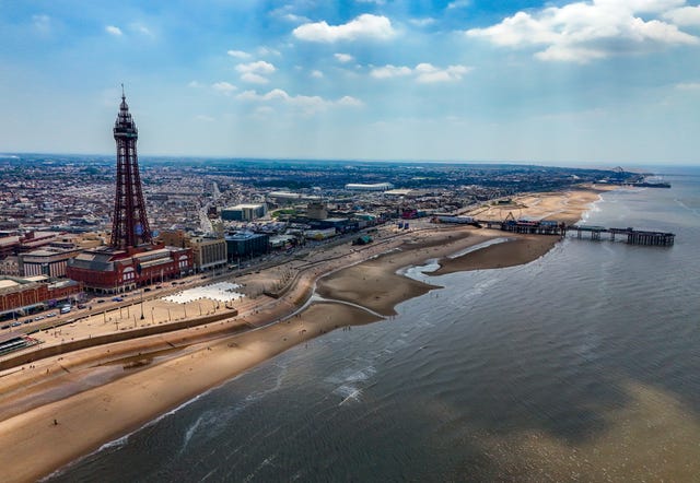 An aerial view of the north beach at Blackpool, with the tower and central pier