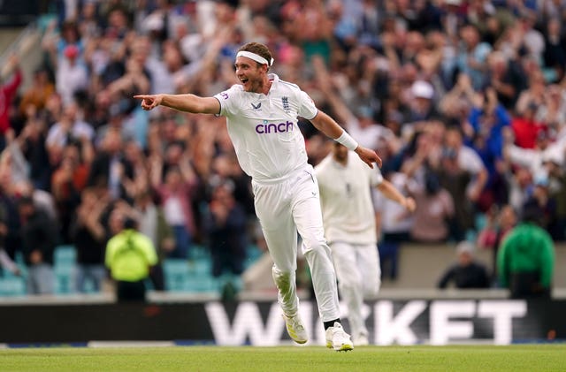 Stuart Broad celebrates taking a wicket