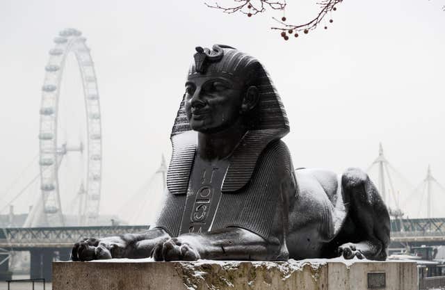 A dusting of snow on a sphinx on London's Victoria Embankment (John Walton/PA)