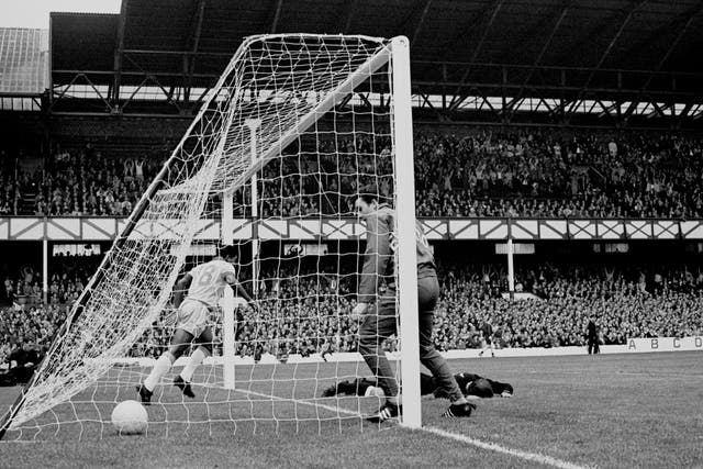 Bulgaria goalkeeper Georgi Naydenov lies flat out in his goalmouth after being beaten by a Pele free-kick in the group stage of the 1966 World Cup. The goal at Goodison Park meant the Brazilian, not in picture, became the first player to score in three successive World Cups. He would miss the next game, a 3-1 defeat to Hungary, through injury after being on the receiving end of some rough tackles