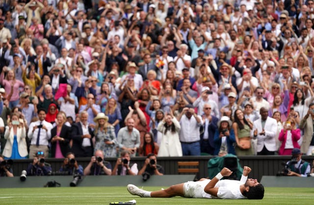 Carlos Alcaraz celebrates victory over Novak Djokovic in the men’s singles final at Wimbledon
