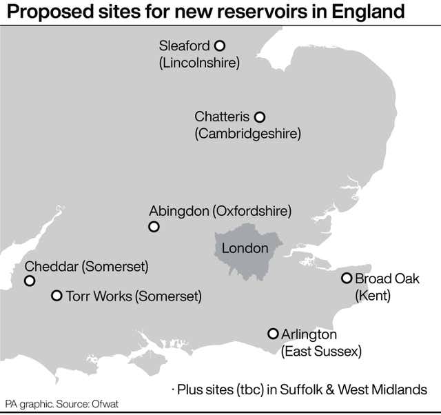 A PA graphic showing proposed sites for new reservoirs in England