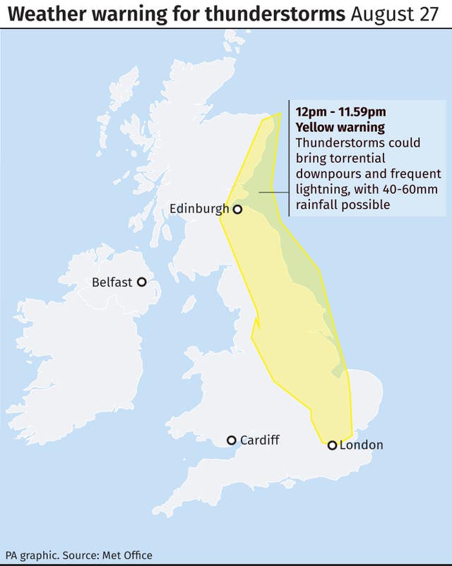 Weather warning for thunderstorms August 27
