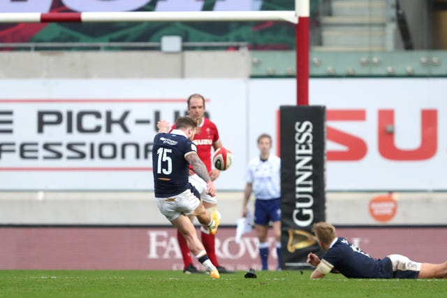 Scotland’s Stuart Hogg scores his side’s third penalty to win the Guinness Six Nations match at Parc y Scarlets, Llanelli