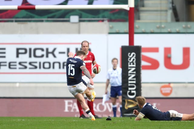 Scotland's Stuart Hogg scores his side's third penalty to win the Guinness Six Nations match at Parc y Scarlets, Llanelli