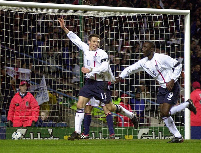 Nick Barmby scores England's opener in a friendly with Spain at Villa Park